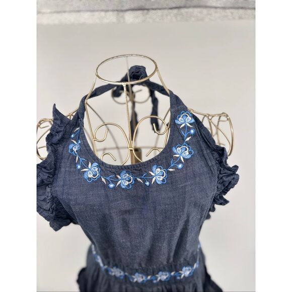 Sur La Table Women's Cooking Apron Baking Denim Floral Embroidered Pockets Blue - Picture 4 of 9